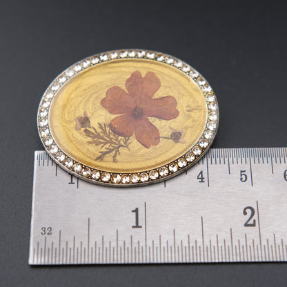 Vintage Pierre Bex Pressed Flower Brooch | Signed | Rhinestone Border | Crown English Jewellery Box