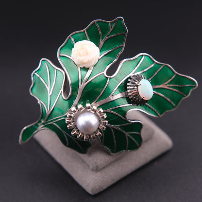 ❤️ Vintage High Silver Botanical Leaf Brooch with Opal & Pearl Accents