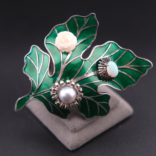 ❤️ Vintage High Silver Botanical Leaf Brooch with Opal & Pearl Accents