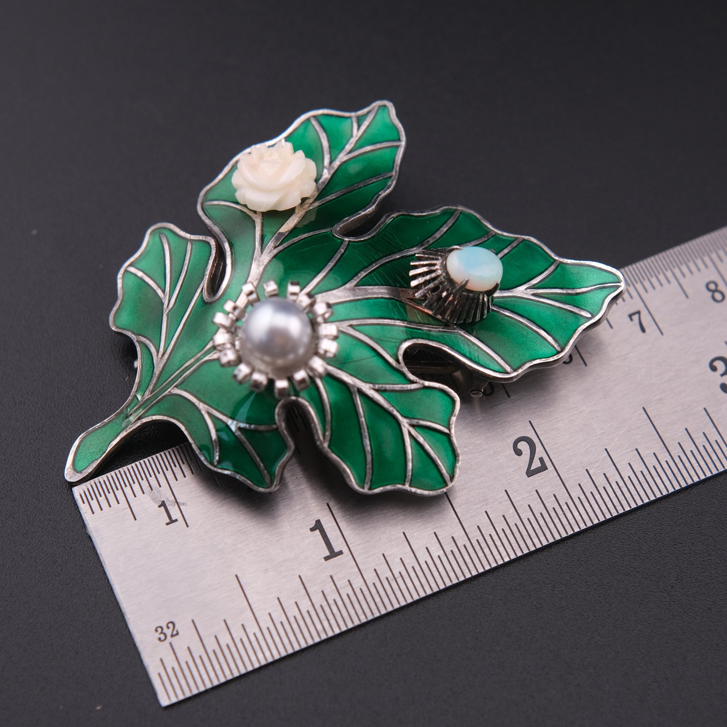 ❤️ Vintage High Silver Botanical Leaf Brooch with Opal & Pearl Accents
