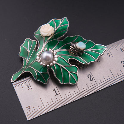 ❤️ Vintage High Silver Botanical Leaf Brooch with Opal & Pearl Accents