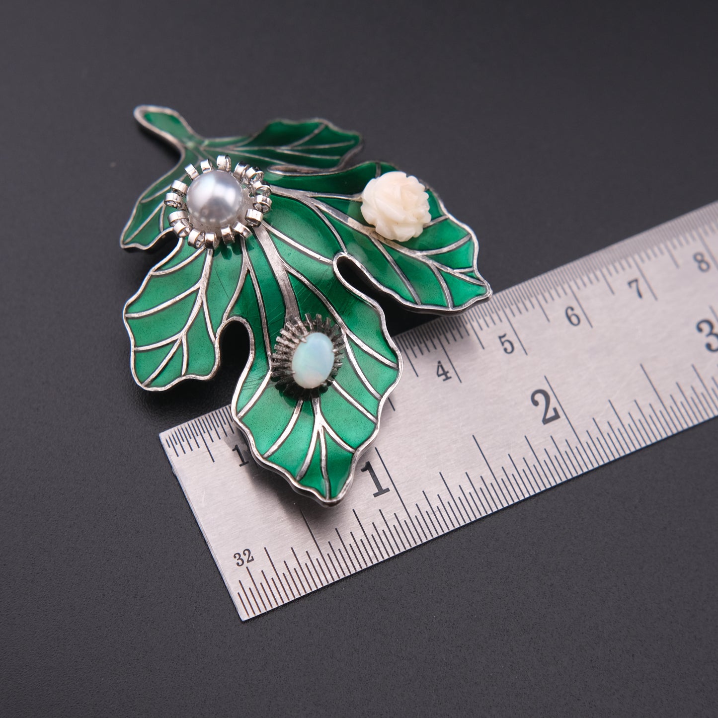 ❤️ Vintage High Silver Botanical Leaf Brooch with Opal & Pearl Accents