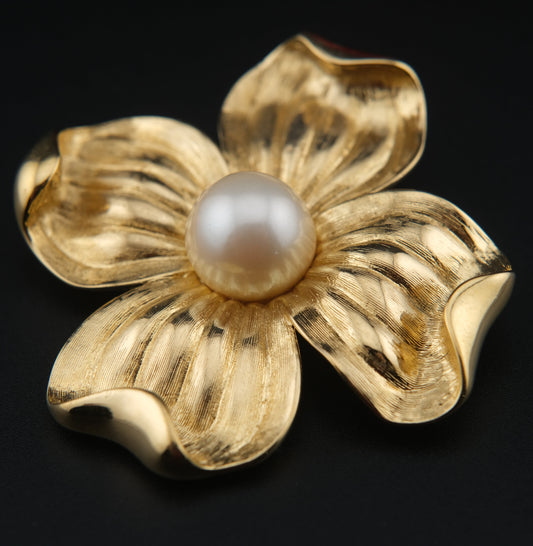 Vintage Trifari Dogwood Flower Brooch – Gold-Tone with Faux Pearl Center