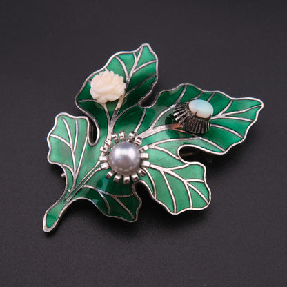 ❤️ Vintage High Silver Botanical Leaf Brooch with Opal & Pearl Accents