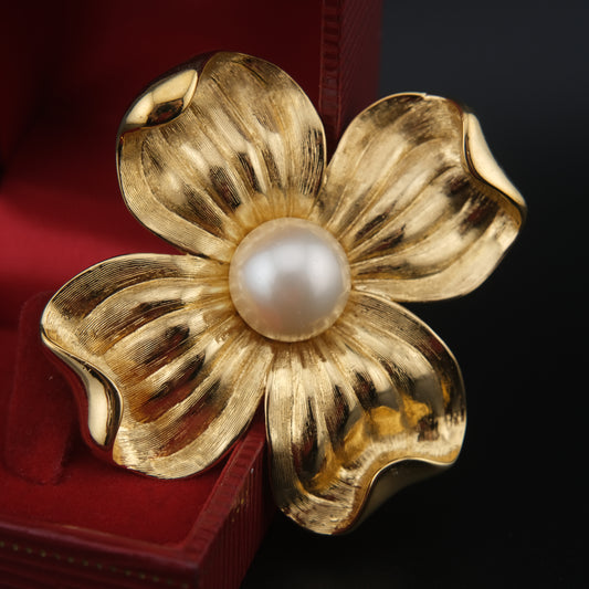 Vintage Trifari Dogwood Flower Brooch – Gold-Tone with Faux Pearl Center