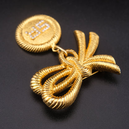 ❤️ Sonia Rykiel Bow Medallion Brooch – Gold-Tone with Crystal "SR" Logo
