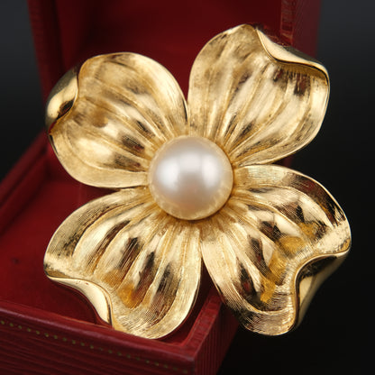Vintage Trifari Dogwood Flower Brooch – Gold-Tone with Faux Pearl Center
