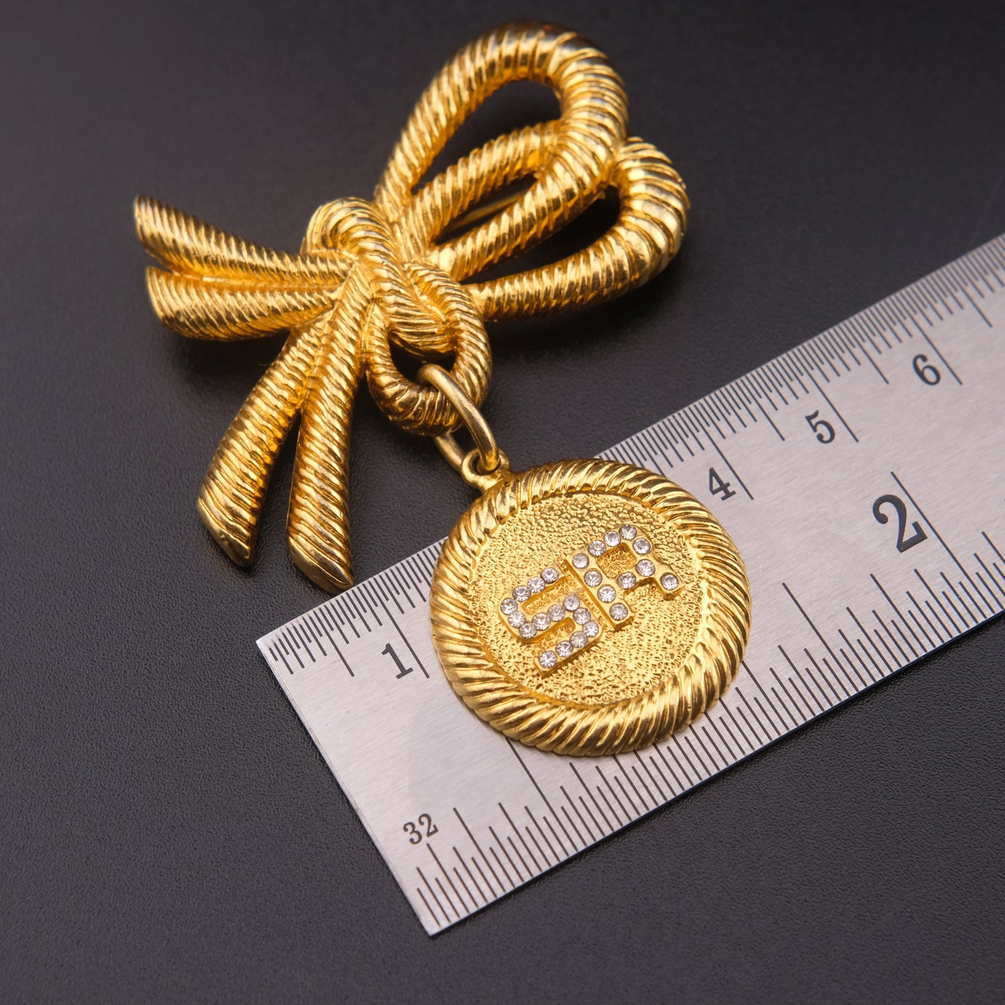 ❤️ Sonia Rykiel Bow Medallion Brooch – Gold-Tone with Crystal "SR" Logo