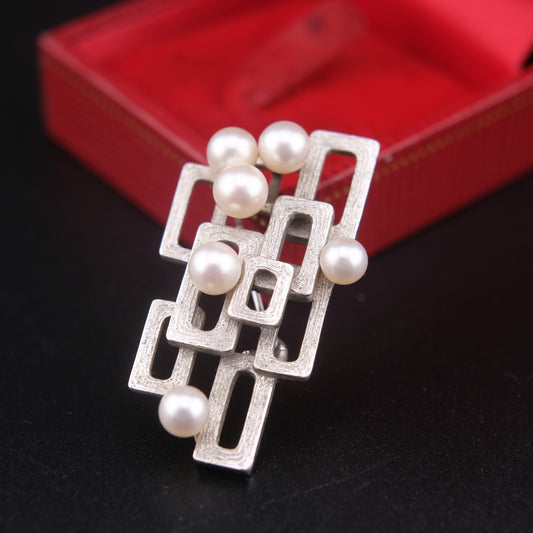 ❤️ Tasaki Modernist Sterling Silver Pearl Brooch – Geometric Vintage Design