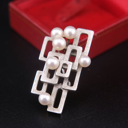 Tasaki Modernist Pearl Brooch – Sterling Silver 925 with Geometric Openwork Design
