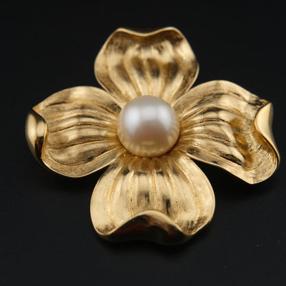 Vintage Trifari Dogwood Flower Brooch – Gold-Tone with Faux Pearl Center
