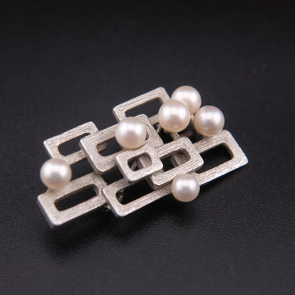 Tasaki Modernist Pearl Brooch – Sterling Silver 925 with Geometric Openwork Design