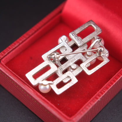 ❤️ Tasaki Modernist Sterling Silver Pearl Brooch – Geometric Vintage Design