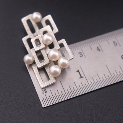 ❤️ Tasaki Modernist Sterling Silver Pearl Brooch – Geometric Vintage Design