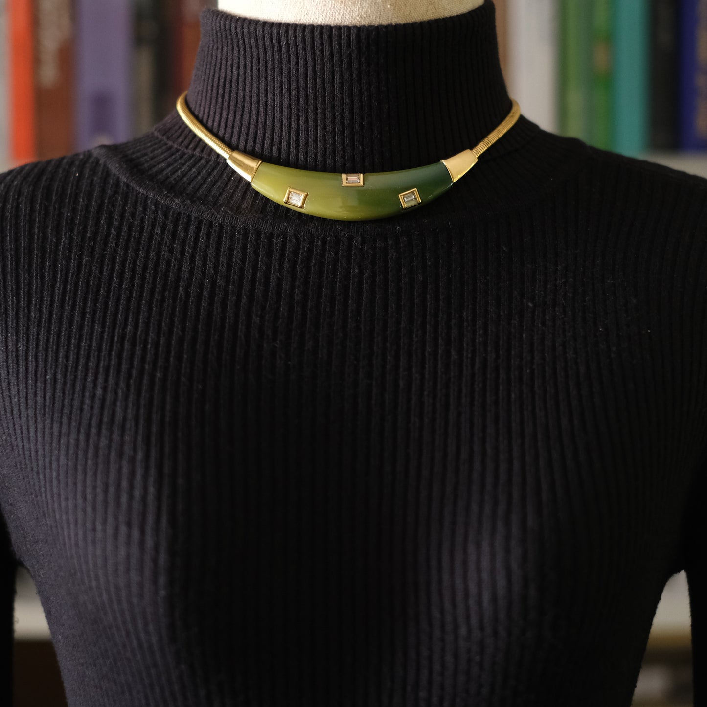 Vintage Givenchy Green Resin & Gold-Tone Choker Necklace with Rhinestones