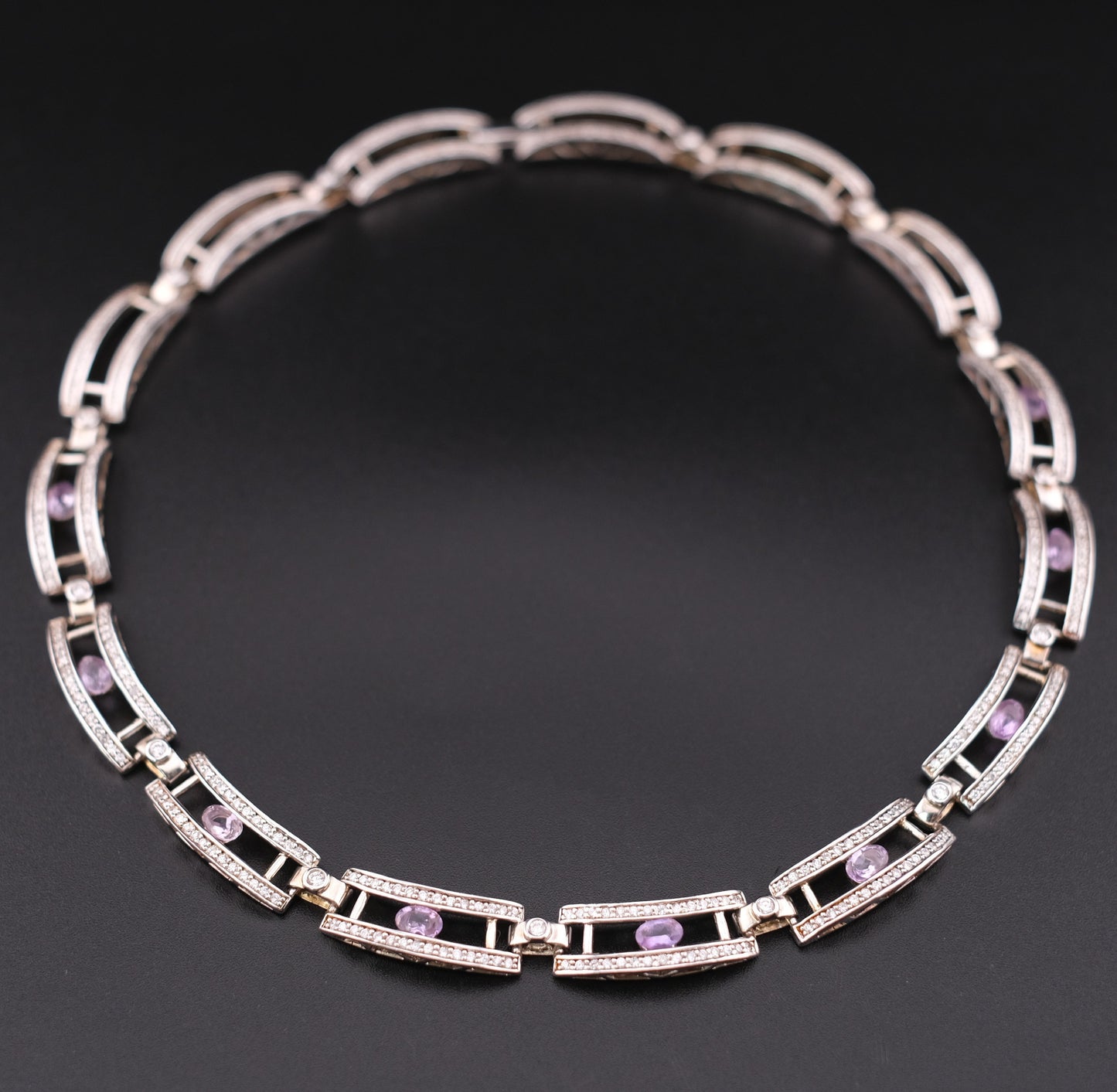 ❤️ Vintage Sterling Silver Amethyst Necklace Certified by GIT with Crystal Accents 16.5"
