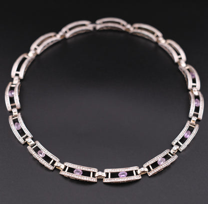 ❤️ Vintage Sterling Silver Amethyst Necklace Certified by GIT with Crystal Accents 16.5"