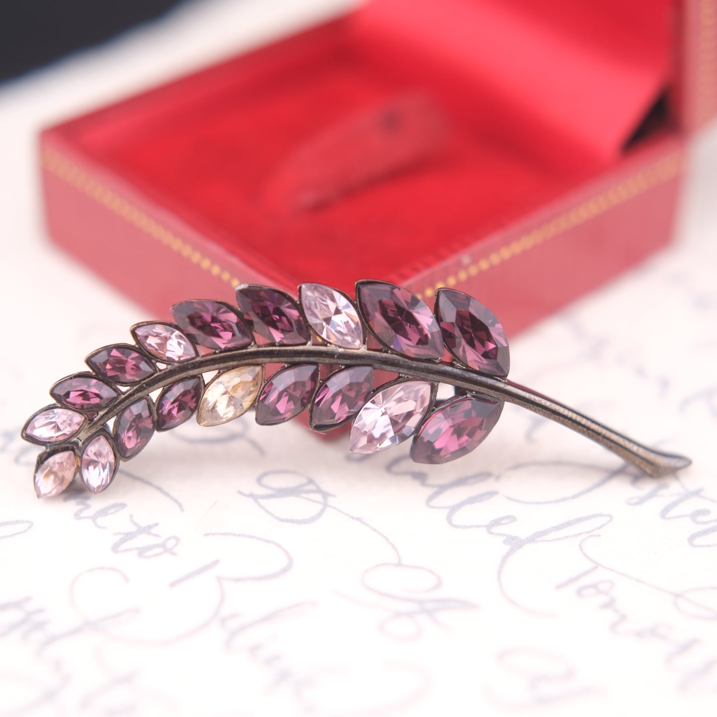 Vintage Givenchy Leaf Brooch – Purple & Lilac Crystal Rhinestones