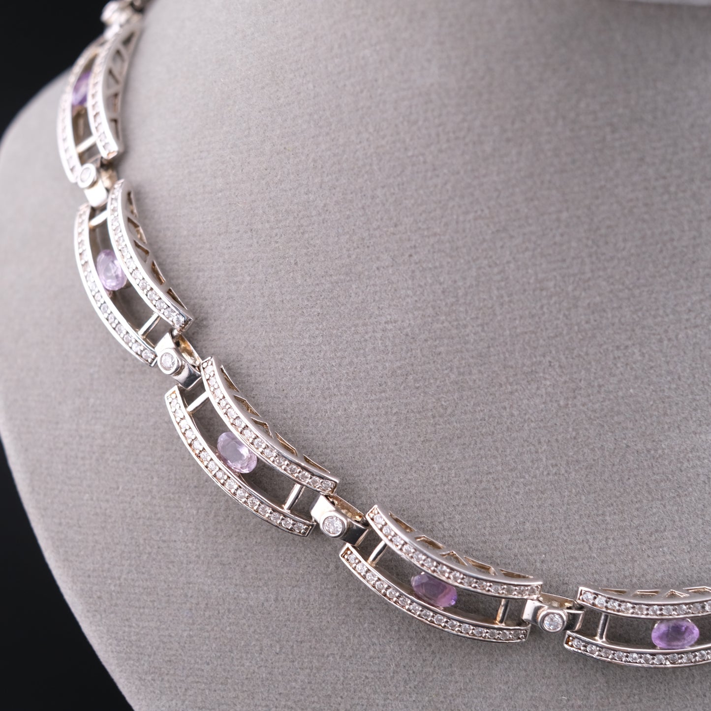 ❤️ Vintage Sterling Silver Amethyst Necklace Certified by GIT with Crystal Accents 16.5"