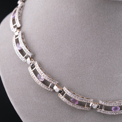 ❤️ Vintage Sterling Silver Amethyst Necklace Certified by GIT with Crystal Accents 16.5"