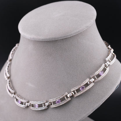 ❤️ Vintage Sterling Silver Amethyst Necklace Certified by GIT with Crystal Accents 16.5"