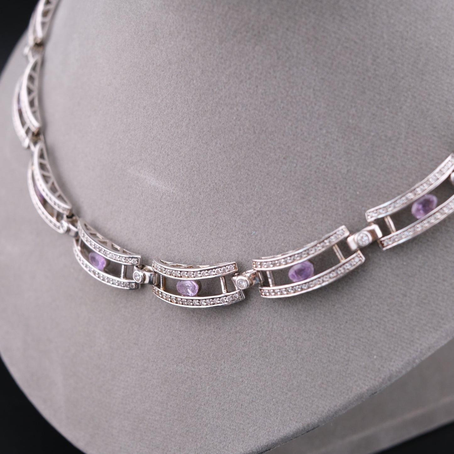 ❤️ Vintage Sterling Silver Amethyst Necklace Certified by GIT with Crystal Accents 16.5"