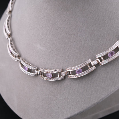 ❤️ Vintage Sterling Silver Amethyst Necklace Certified by GIT with Crystal Accents 16.5"