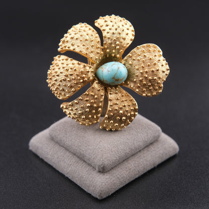 ❤️ Vintage Gold Tone Textured Floral Brooch with Turquoise Cabochon Center