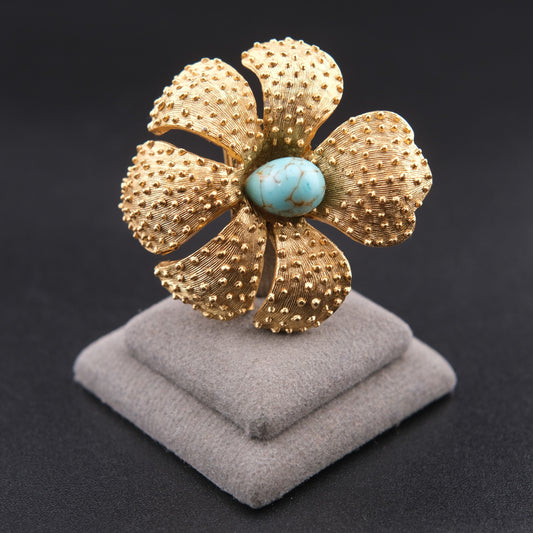 ❤️ Vintage Gold Tone Textured Floral Brooch with Turquoise Cabochon Center