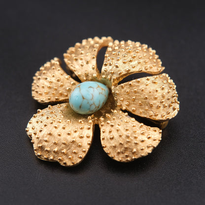 ❤️ Vintage Gold Tone Textured Floral Brooch with Turquoise Cabochon Center