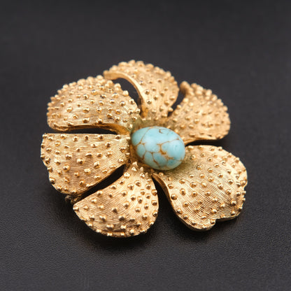 ❤️ Vintage Gold Tone Textured Floral Brooch with Turquoise Cabochon Center