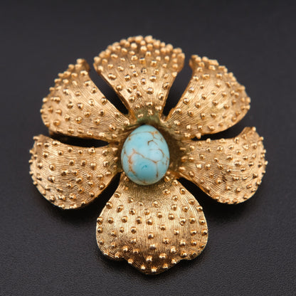 ❤️ Vintage Gold Tone Textured Floral Brooch with Turquoise Cabochon Center
