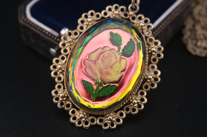Vintage Reverse Carved Glass Rose Pendant Necklace – Iridescent Pink Floral Statement Jewelry, 26" Chain
