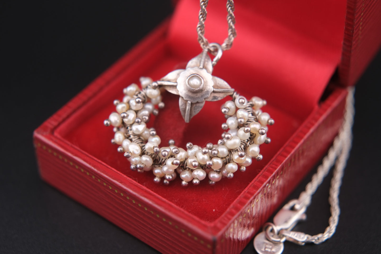 ❤️ Vintage Sterling Silver &  genuine Pearl Wreath Pendant Necklace | 925