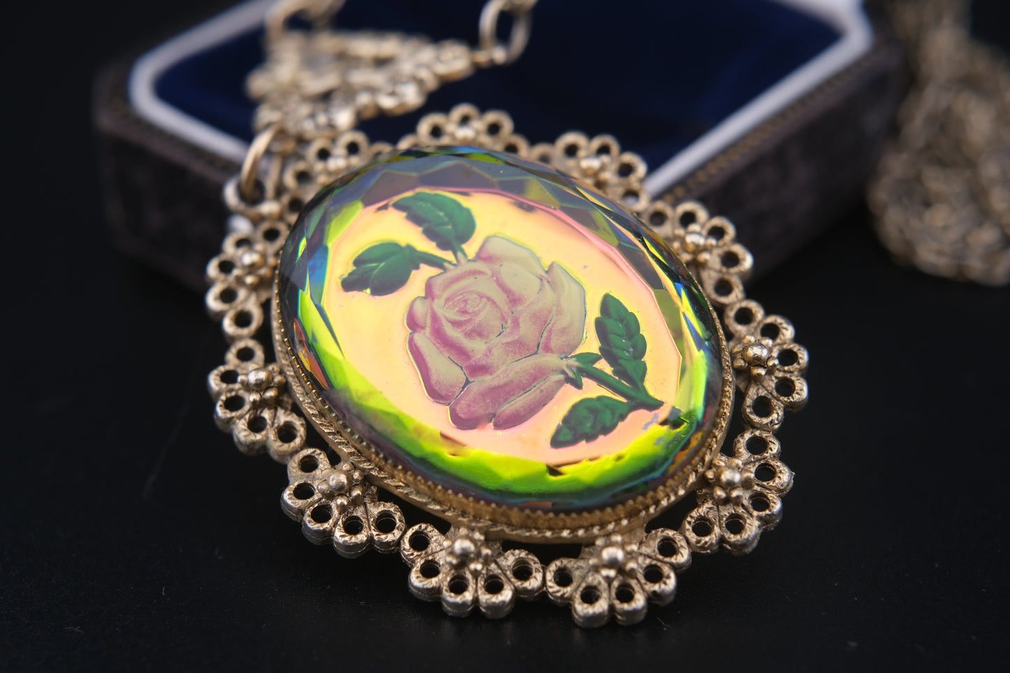 Vintage Reverse Carved Glass Rose Pendant Necklace – Iridescent Pink Floral Statement Jewelry, 26" Chain