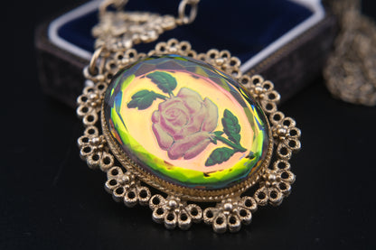 Vintage Reverse Carved Glass Rose Pendant Necklace – Iridescent Pink Floral Statement Jewelry, 26" Chain