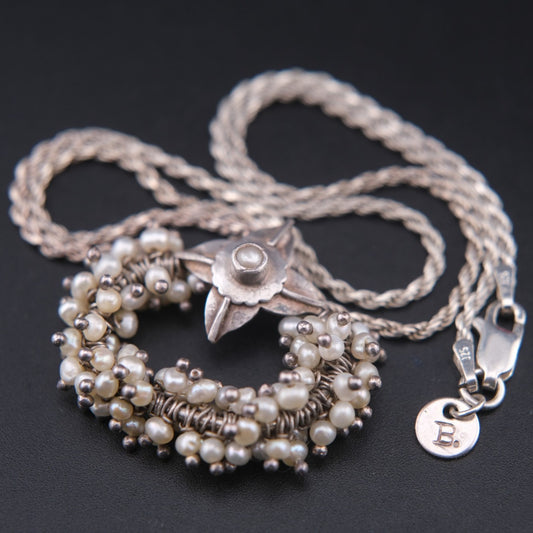 ❤️ Vintage Sterling Silver &  genuine Pearl Wreath Pendant Necklace | 925