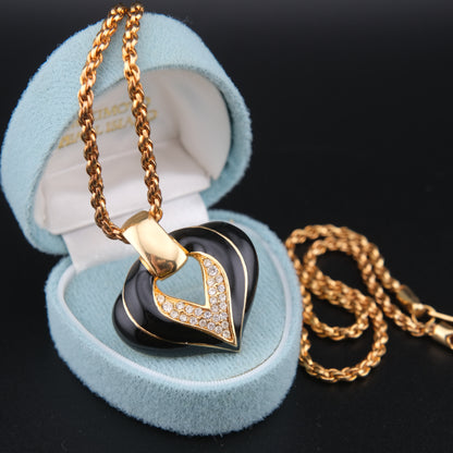 ❤️ S.A.L. Heart Pendant Necklace – Gold-Tone with Black Enamel & Clear Crystals