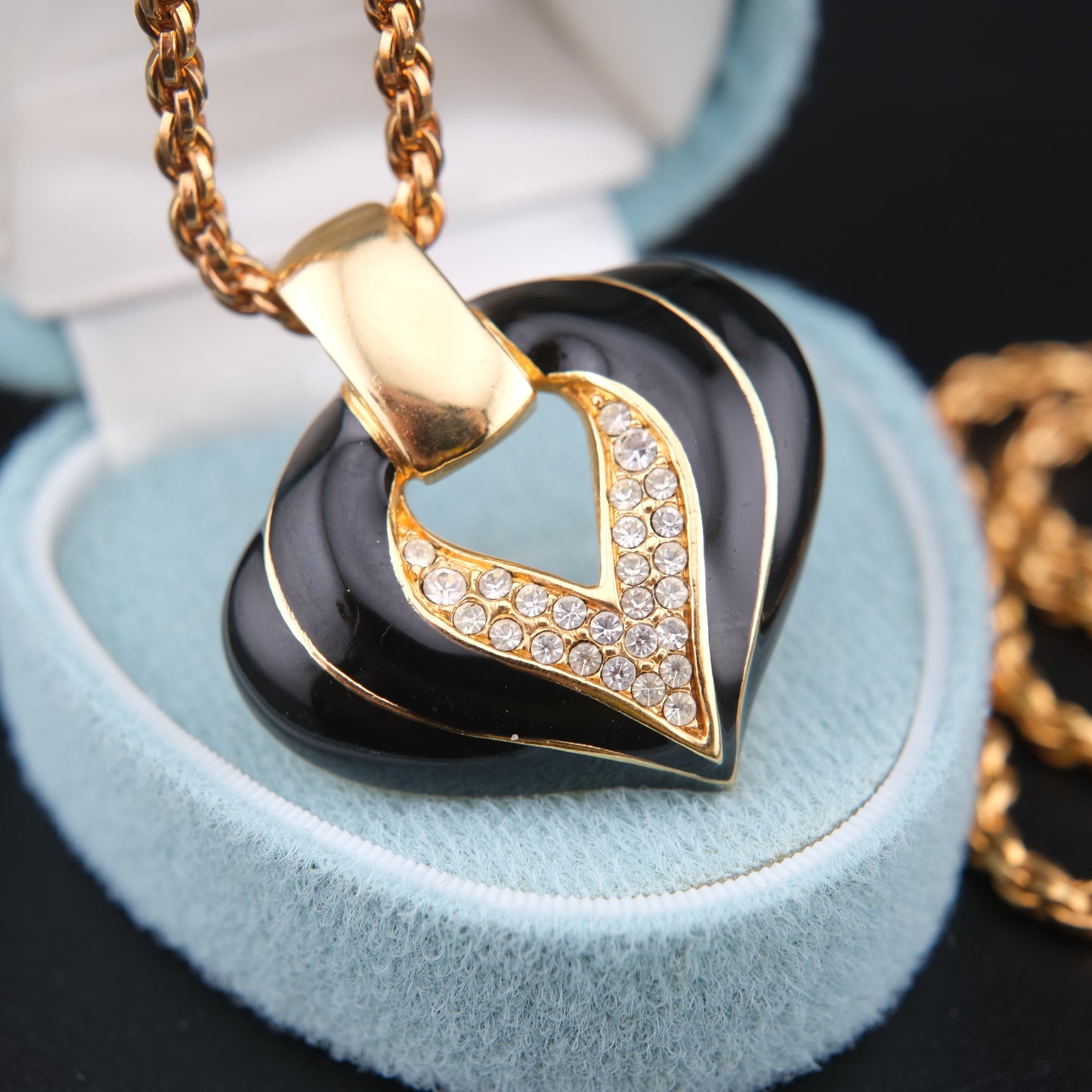 ❤️ S.A.L. Heart Pendant Necklace – Gold-Tone with Black Enamel & Clear Crystals