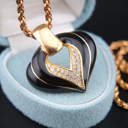 ❤️ S.A.L. Heart Pendant Necklace – Gold-Tone with Black Enamel & Clear Crystals