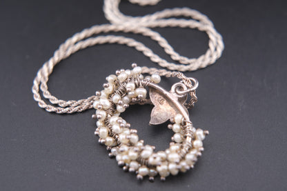 ❤️ Vintage Sterling Silver &  genuine Pearl Wreath Pendant Necklace | 925