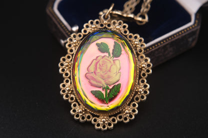 Vintage Reverse Carved Glass Rose Pendant Necklace – Iridescent Pink Floral Statement Jewelry, 26" Chain