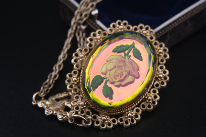 Vintage Reverse Carved Glass Rose Pendant Necklace – Iridescent Pink Floral Statement Jewelry, 26" Chain