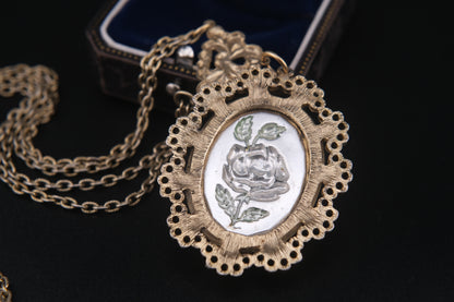 Vintage Reverse Carved Glass Rose Pendant Necklace – Iridescent Pink Floral Statement Jewelry, 26" Chain