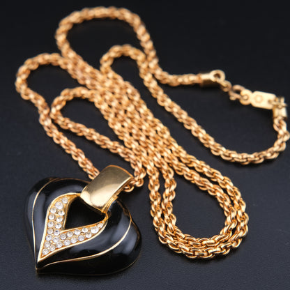❤️ S.A.L. Heart Pendant Necklace – Gold-Tone with Black Enamel & Clear Crystals