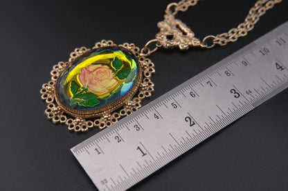 Vintage Reverse Carved Glass Rose Pendant Necklace – Iridescent Pink Floral Statement Jewelry, 26" Chain