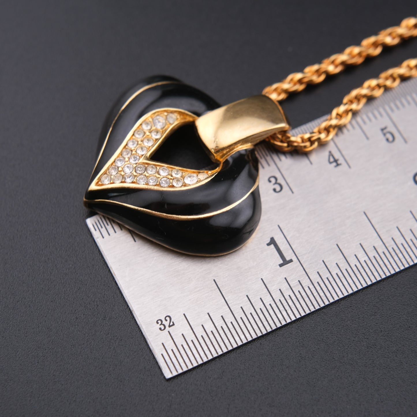 ❤️ S.A.L. Heart Pendant Necklace – Gold-Tone with Black Enamel & Clear Crystals