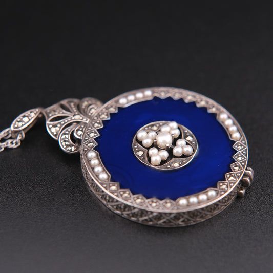 ❤️ Vintage Sterling Silver Blue Enamel Magnifier Pendant Necklace with Pearls and Marcasite