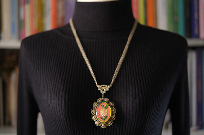 Vintage Reverse Carved Glass Rose Pendant Necklace – Iridescent Pink Floral Statement Jewelry, 26" Chain