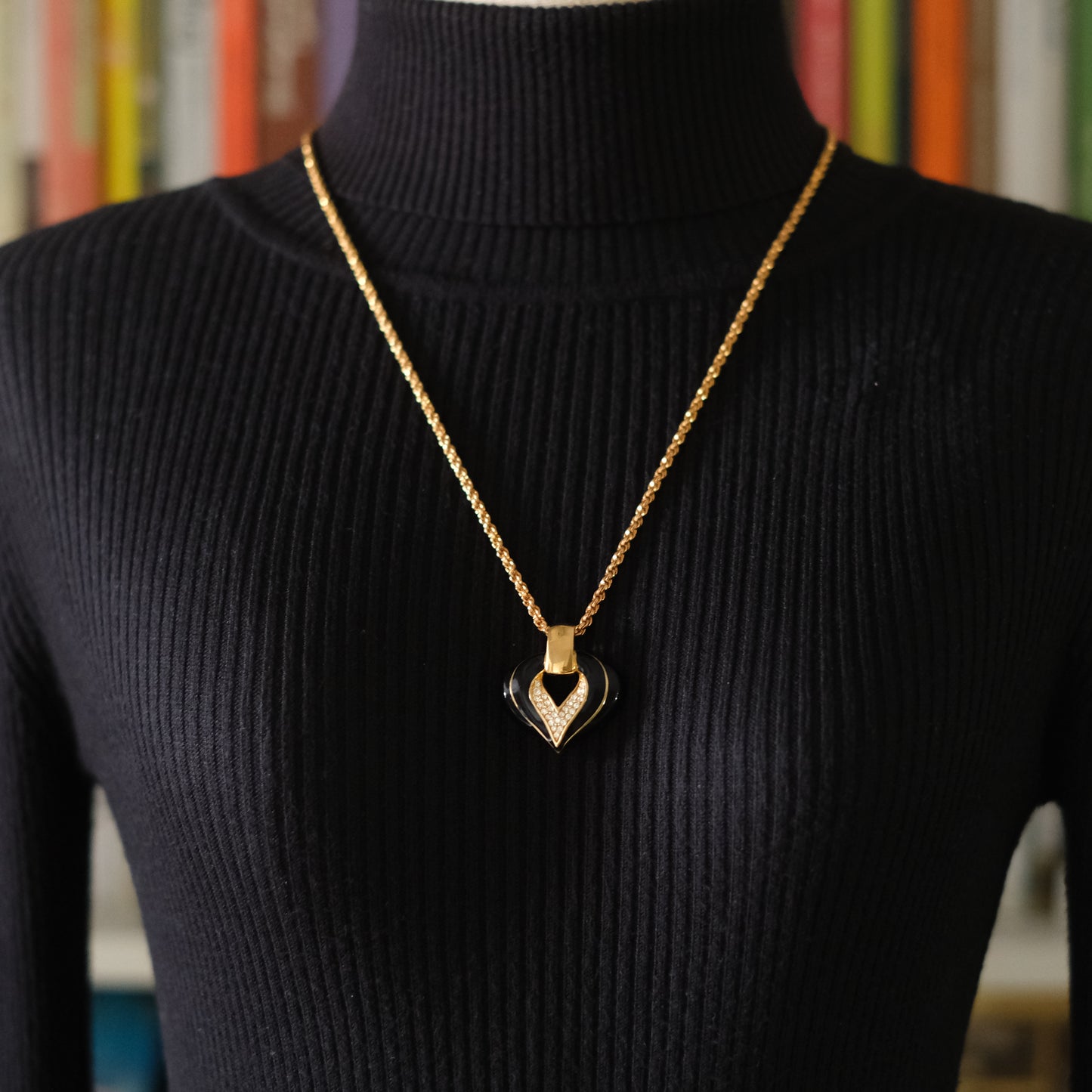 ❤️ S.A.L. Heart Pendant Necklace – Gold-Tone with Black Enamel & Clear Crystals